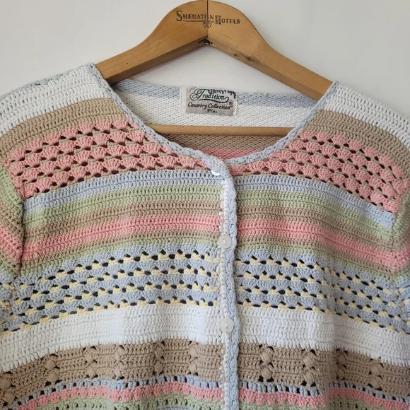 Vintage Crochet Cardigan Cottagecore Granny Chic Pastel 14P XXL - Picture 3 of 15
